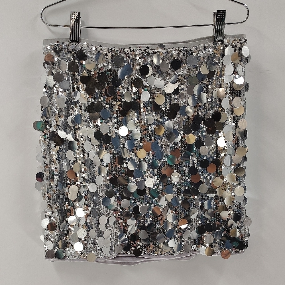 Haute Monde Mini Skirt Size Small Silver Sequins Fully Lined Stretch